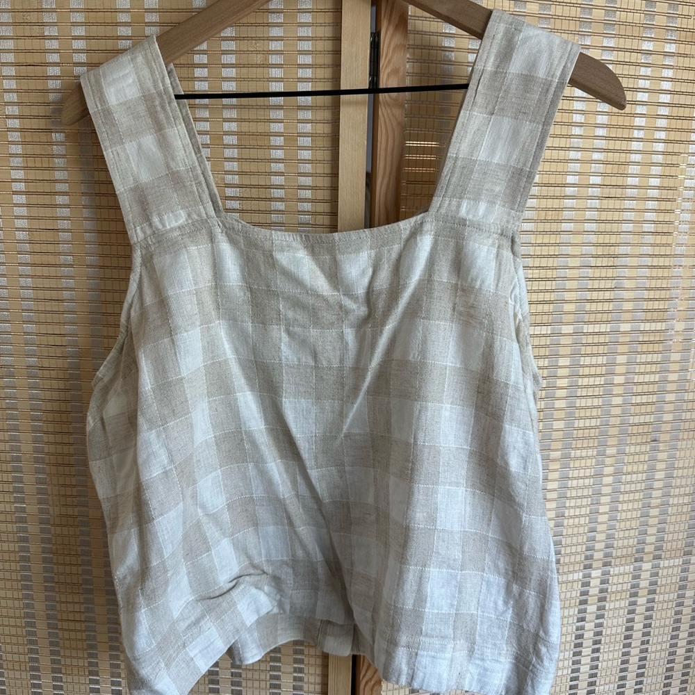 Madewell Cream Checkered Linen Crop Top